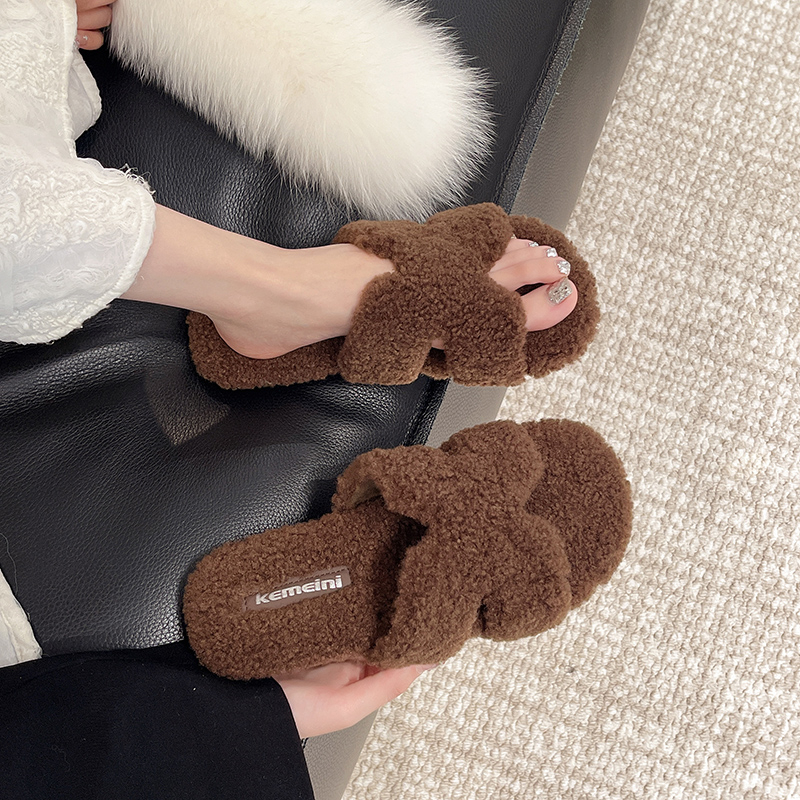 网红毛绒平底一字棉拖鞋女外穿2025秋冬新款软底舒适拖鞋女鞋外穿