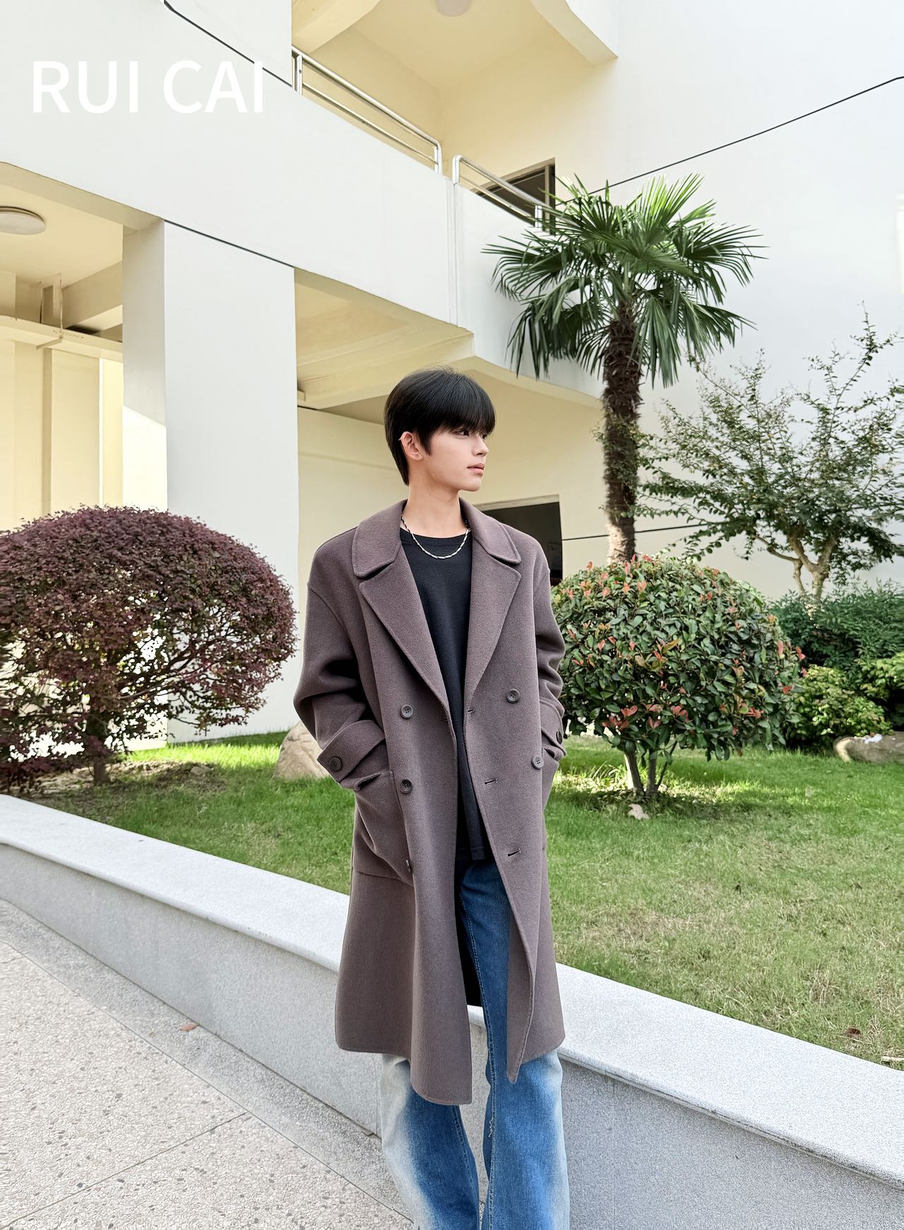 RUI CAI男士毛呢大衣中长款常规秋季冬季秋冬韩版外套长款