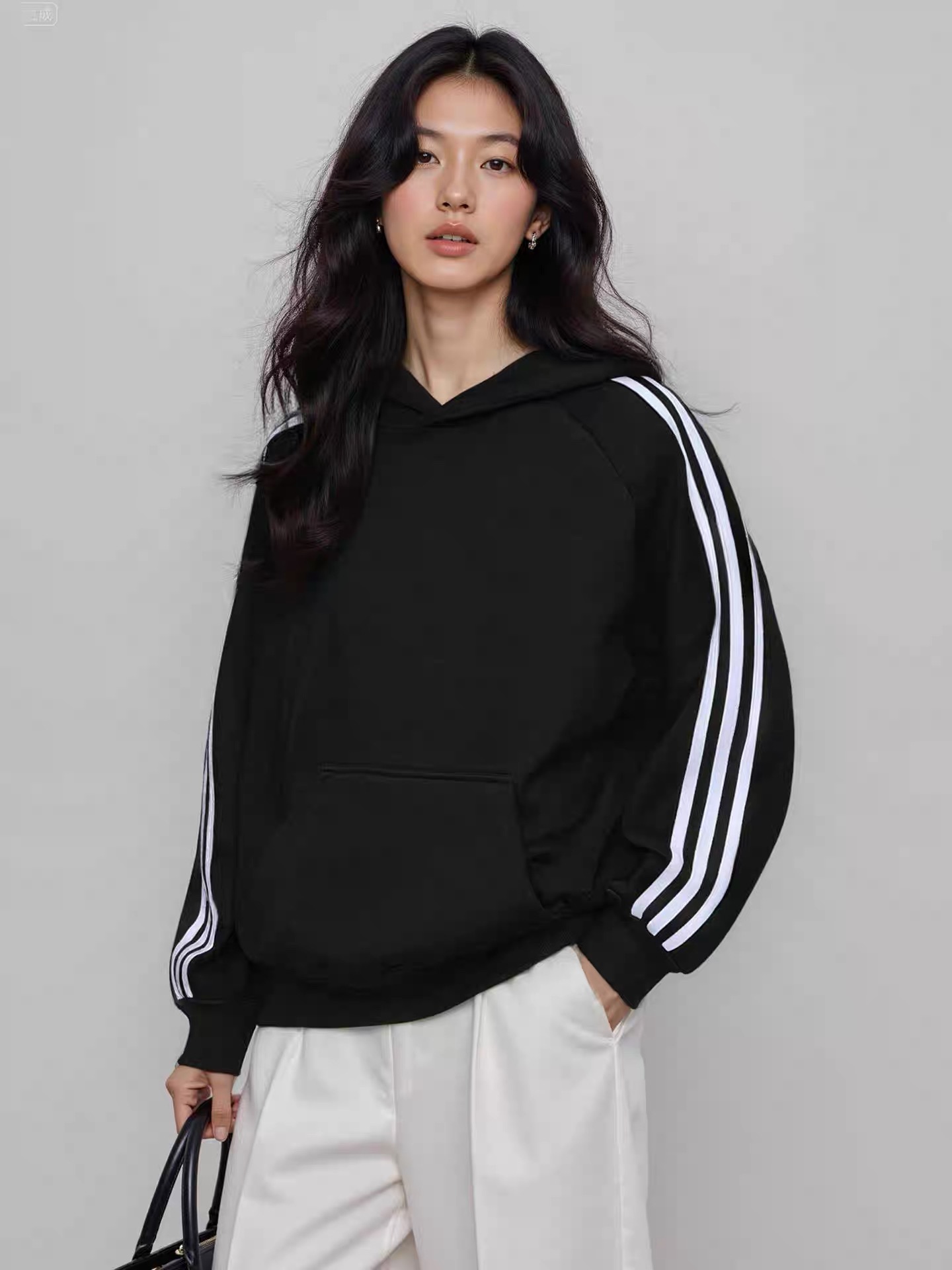 运动风连帽卫衣男女宽松三条线套头潮外套休闲百搭1319