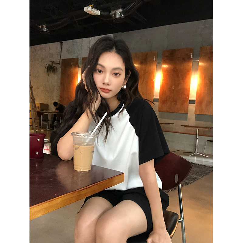 任小艺 4/11新品 新疆长绒棉高密黑白拼色tee宽松短袖上衣