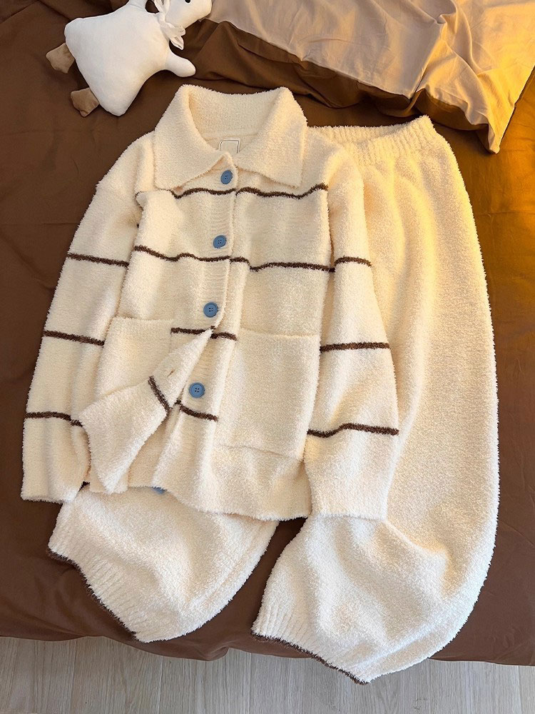 韩系可爱酷猫慵懒风针织半边绒睡衣女冬季套装保暖家居服可外穿