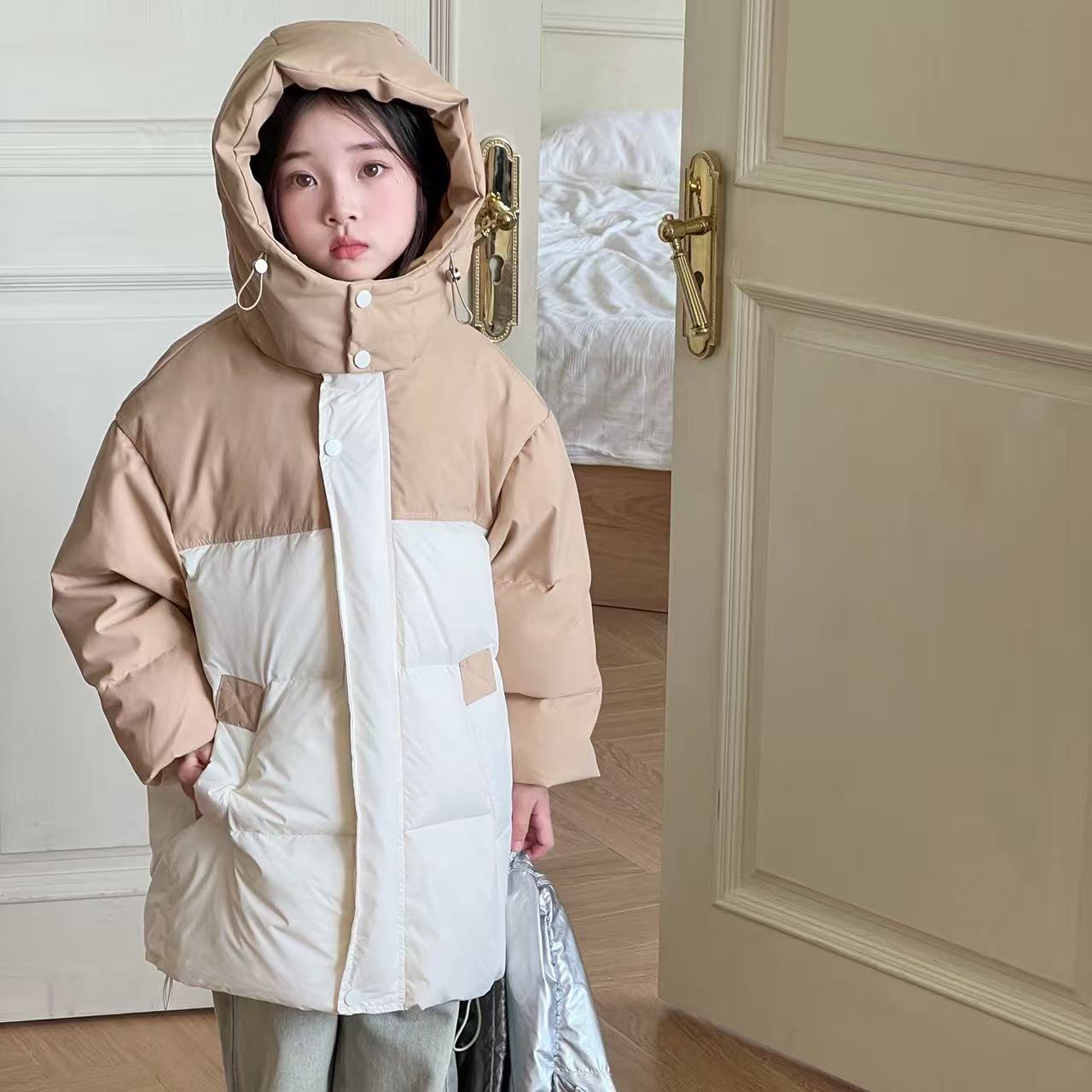 (701-750)纯色图案男女均可女女童带帽中长款拼接童装