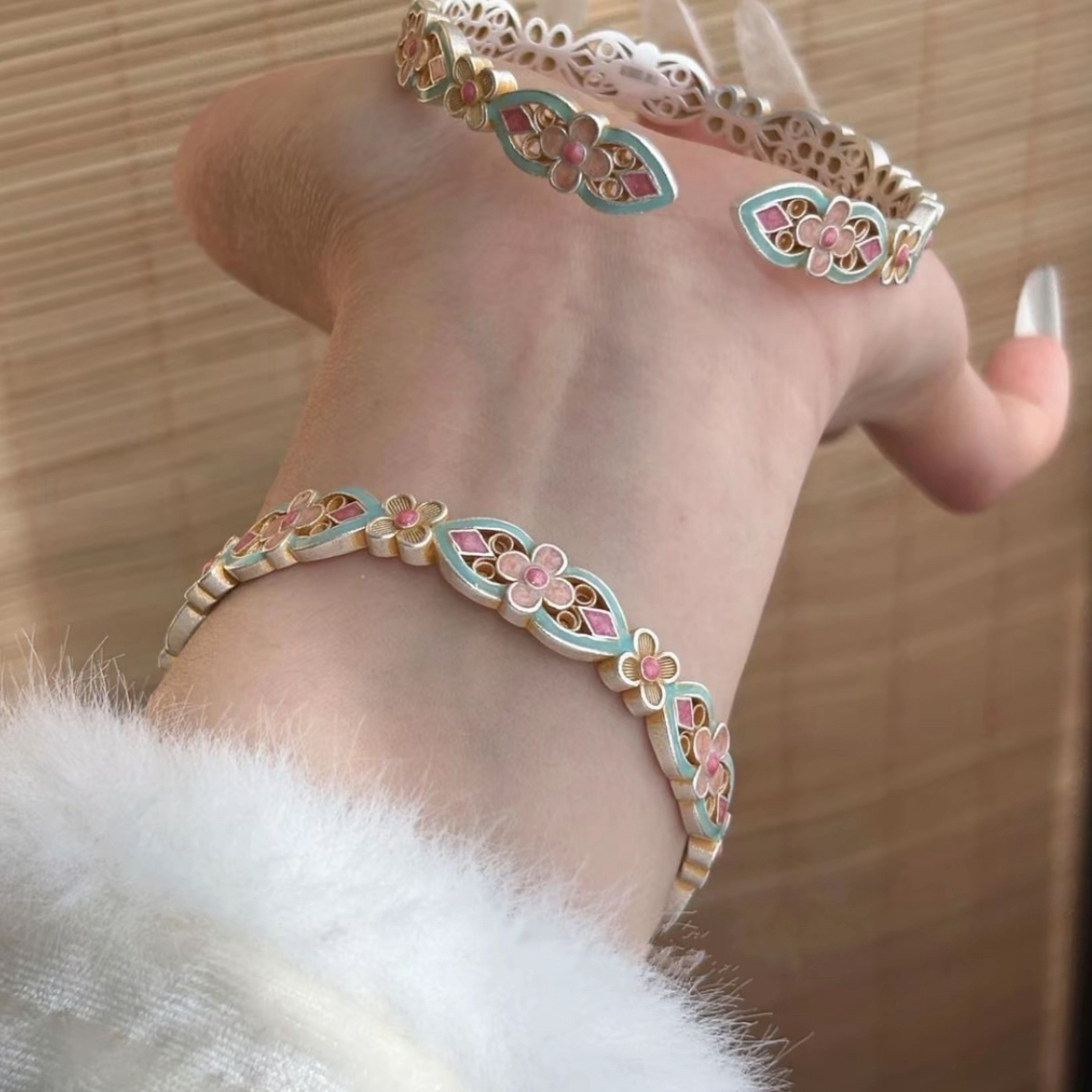 足银手镯Y13足银9999珠光珐琅彩开口新中式花满筑宫廷风银手镯