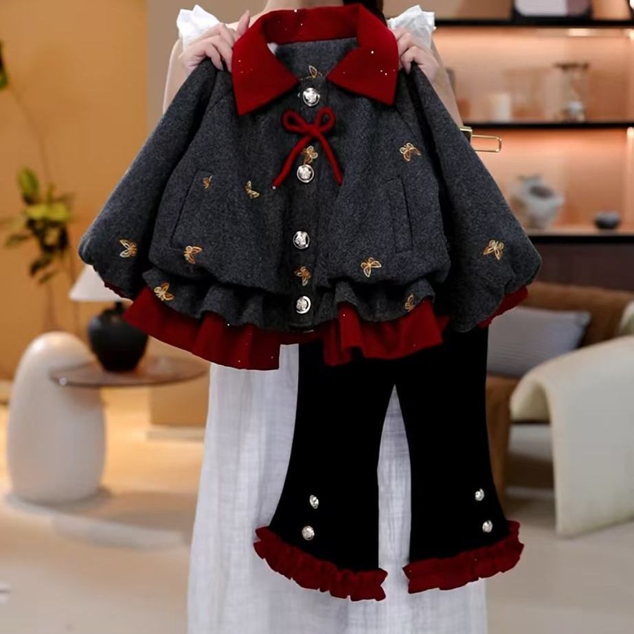 女童冬季加绒加厚女公主风蝴蝶结拼色厚款套装女孩洋气上衣两件套