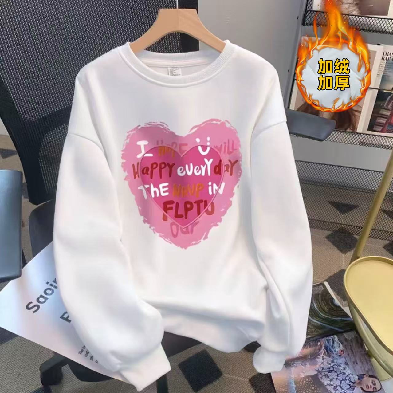 【牛一专属】加绒加厚秋冬圆领休闲百搭男女长袖印花卫衣 大红心