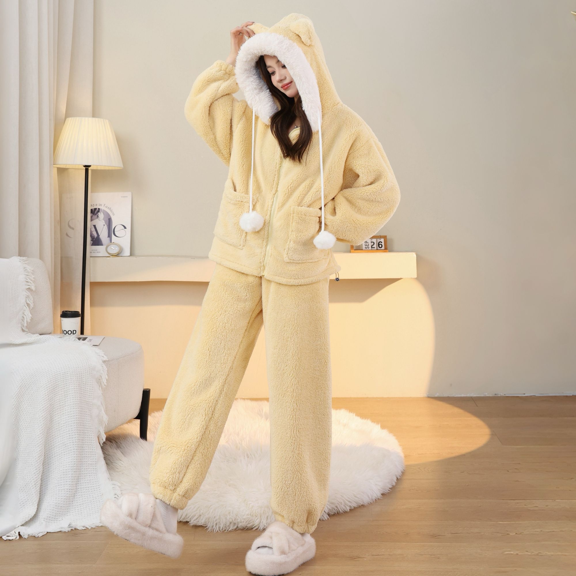 特厚大毛领款！可外穿睡衣加绒加厚巨保暖情侣款连帽家居服
