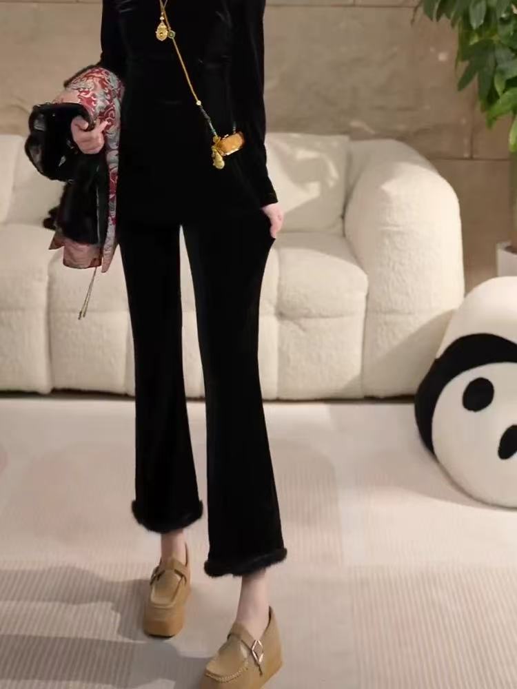 2025秋冬休闲时尚喇叭裤加绒简约加厚洋气百搭大码裤子+上衣99051