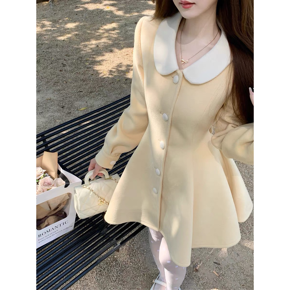 小小仟 冰糖雪梨/奶黄色毛呢外套连衣裙收腰呢子大衣深秋初冬穿搭