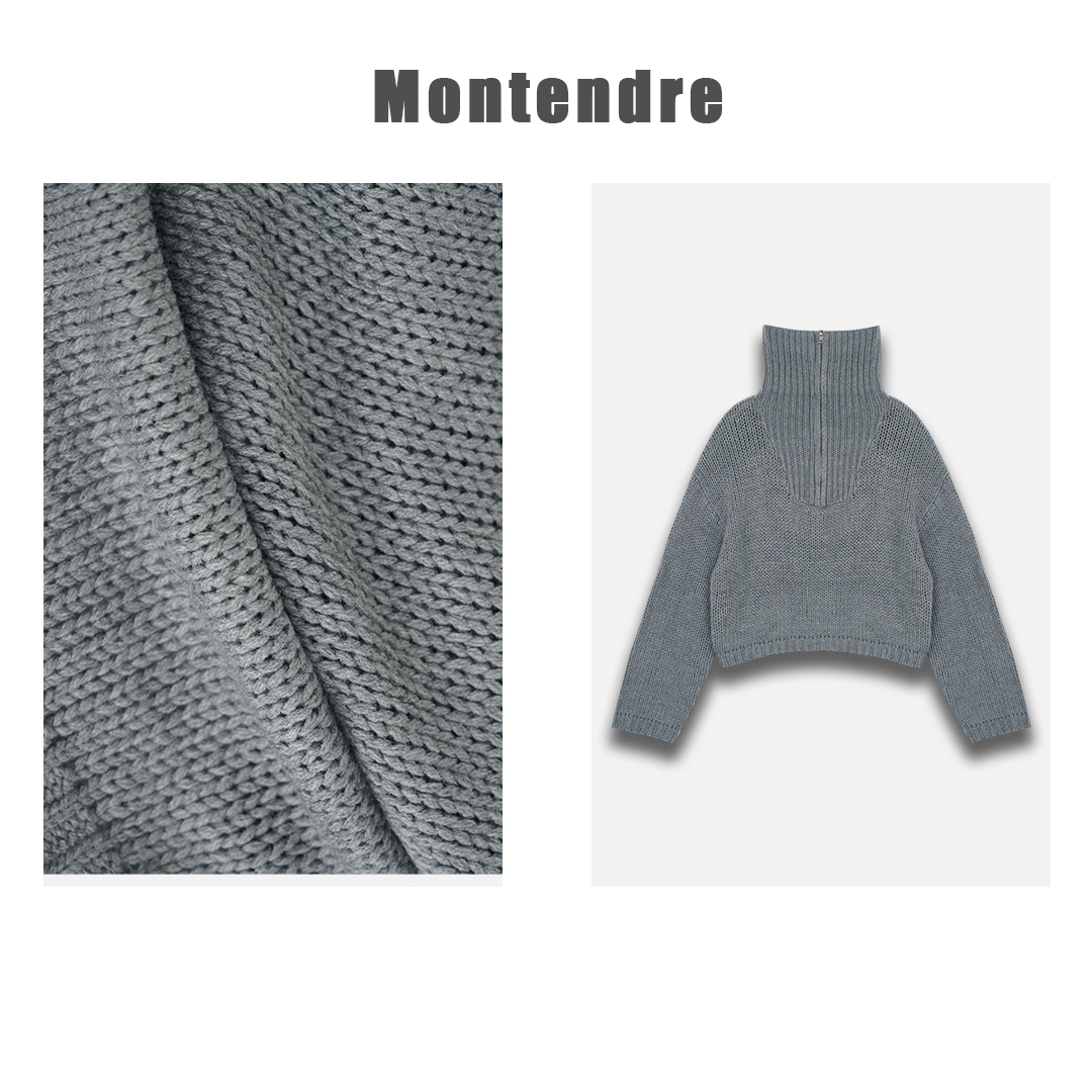 【MonTendre】 秋季新款 V 时尚纯色百搭拉链翻领羊毛针织衫