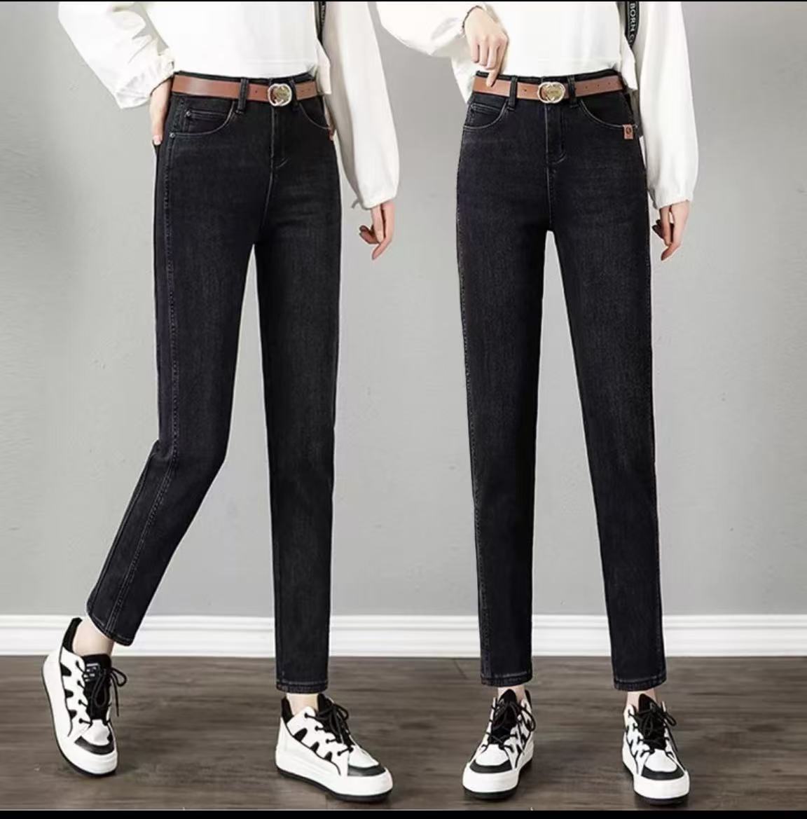 361#口袋扣子黄标加绒牛仔裤女哈伦裤显瘦高腰时尚百搭休闲秋冬