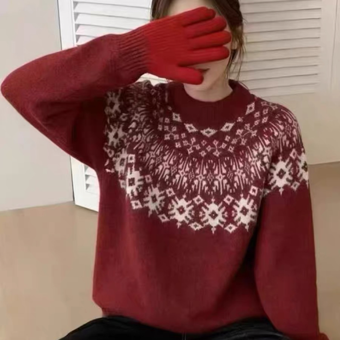（衣长65）540费尔岛提花红色圣诞新年毛衣针织内搭打底衫