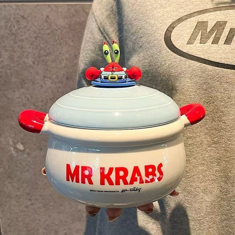 蟹老板泡面碗带盖宿舍陶瓷双耳带手柄高颜值