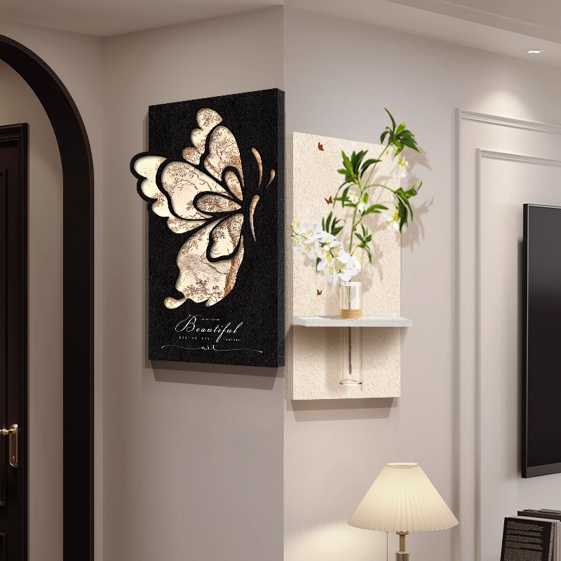 2025年新款中古风转角客厅高级感装饰画水培绿植挂画餐厅蝴蝶壁画