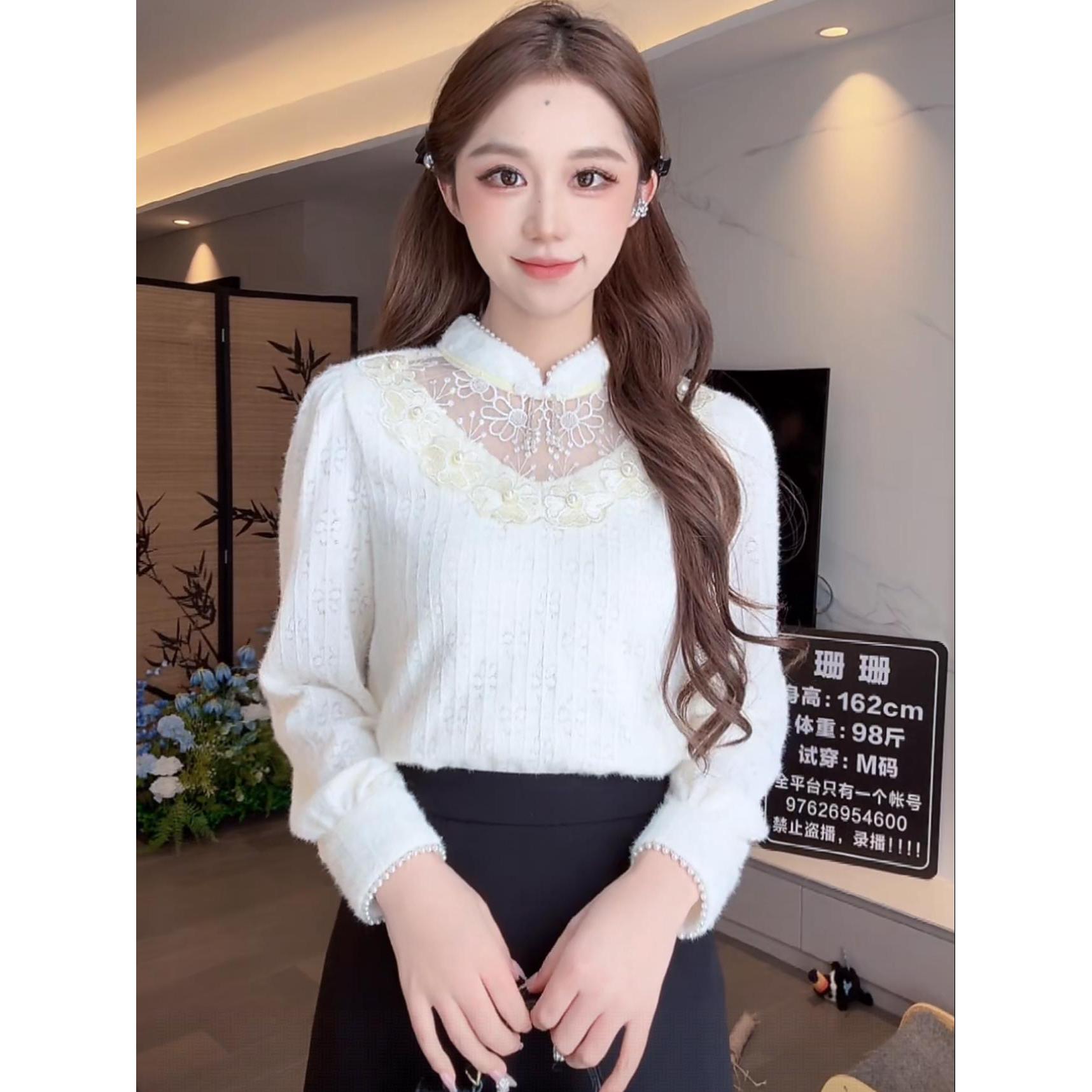 【现货现发】蕾丝秋季打底衫洋气秋冬打底雪纺衫长袖针织遮肚显瘦