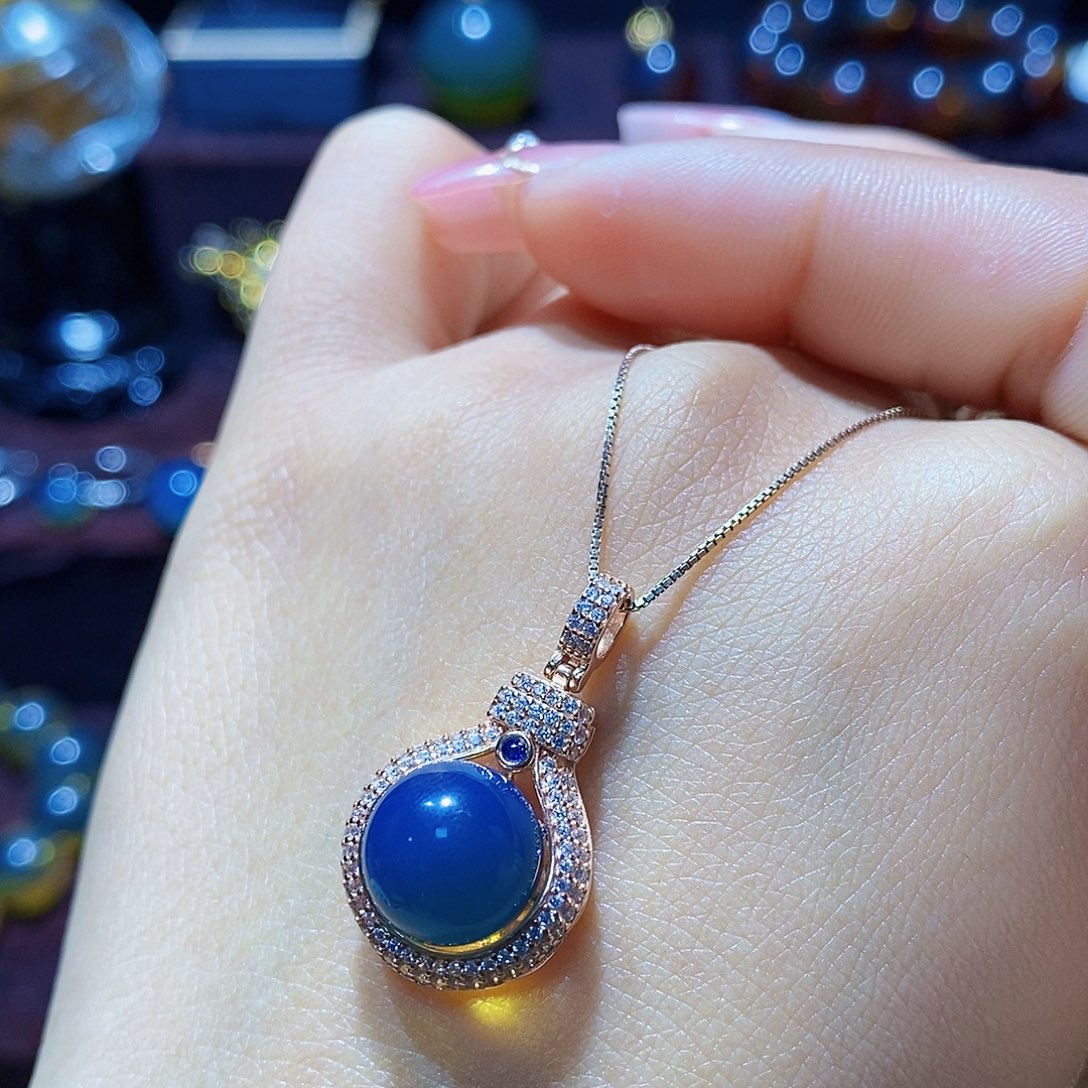 蓝珀颈饰银S925镀金镶嵌尺寸10