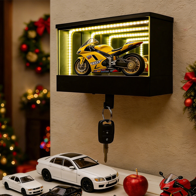 无限车库汽车钥匙收纳盒壁挂式带LED灯展示盒钥匙挂扣金属储物盒