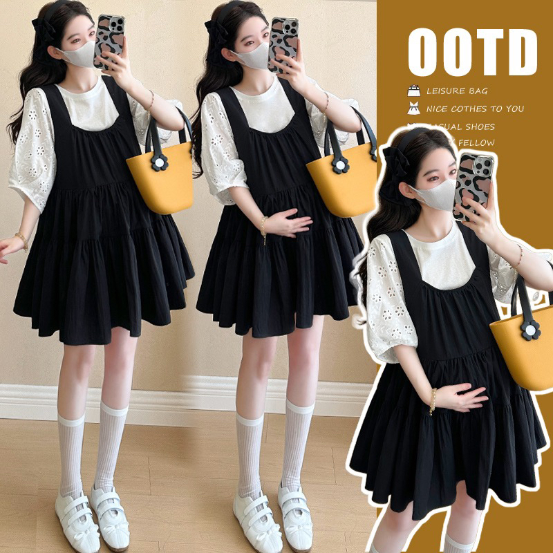 夏季新款短袖镂空T恤+两面穿U领娃娃裙两件套孕妇装