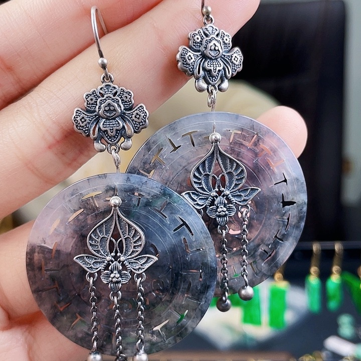 翡翠耳饰银S925镶嵌饰品