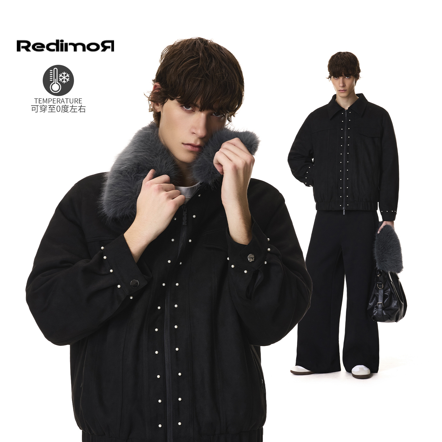 REDIMOR钉珠毛领翻领麂皮棉服男女款冬季加厚保暖外套254RC1409