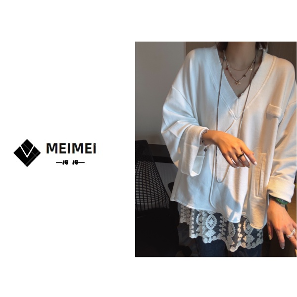 XMM.【个性拼接v领卫衣】时尚百搭潮流显瘦长袖休闲纯色宽松小众衣.