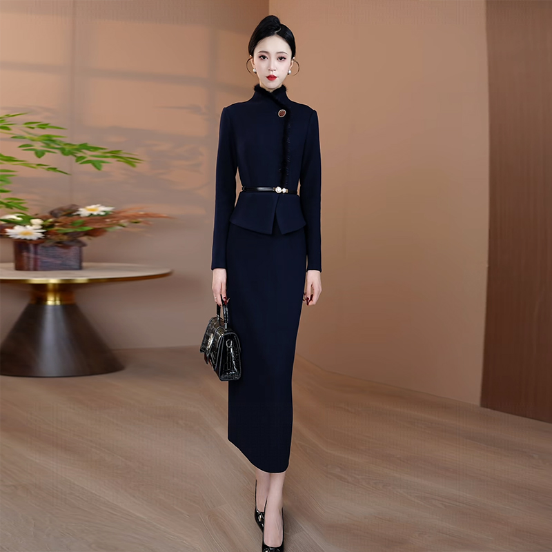 真水貂毛拼接秋冬加厚毛呢连衣裙女2025秋冬新款修身裙子显瘦长裙