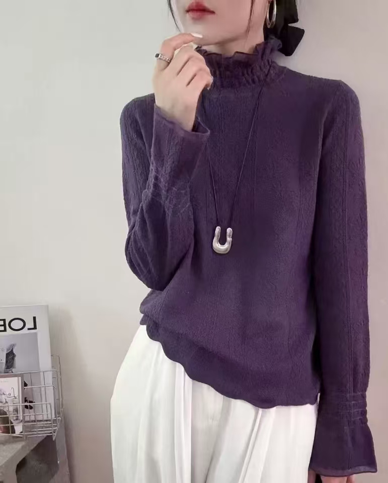 【高端蕾丝打底衫】拼接木耳边立领针织打底衫内搭毛衣秋冬新款