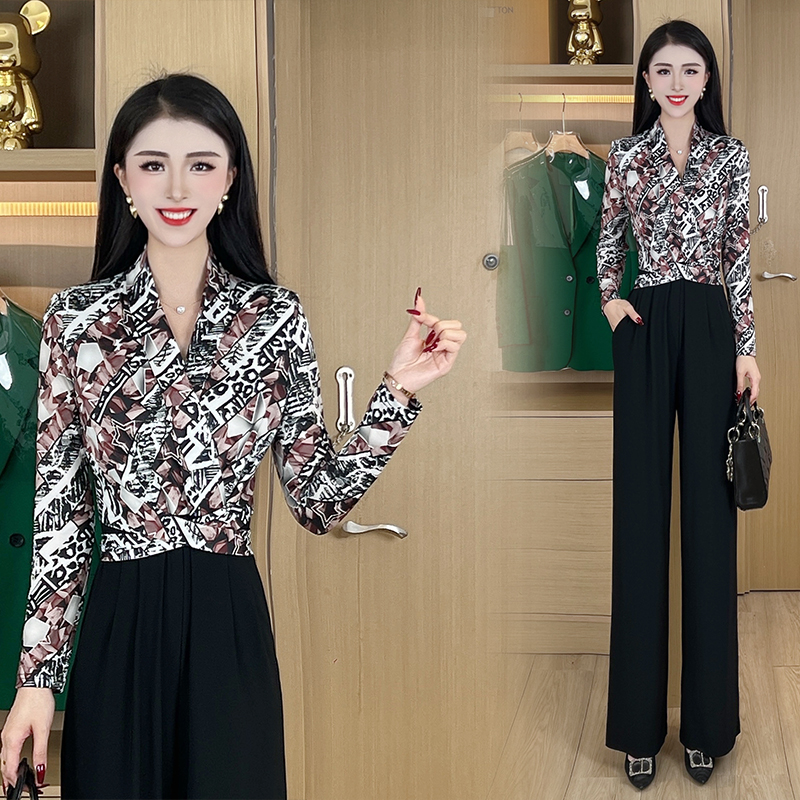 2024秋季新款气质通勤休闲阔腿裤印花假两件高腰绑带连体裤#DY160