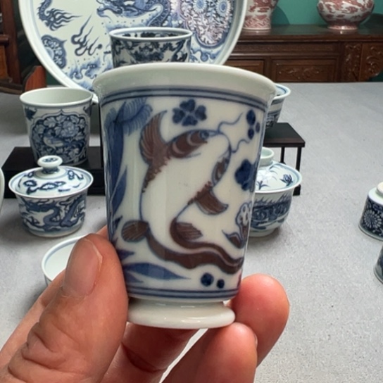 明续幽蓝青花釉里红年鱼闻香杯