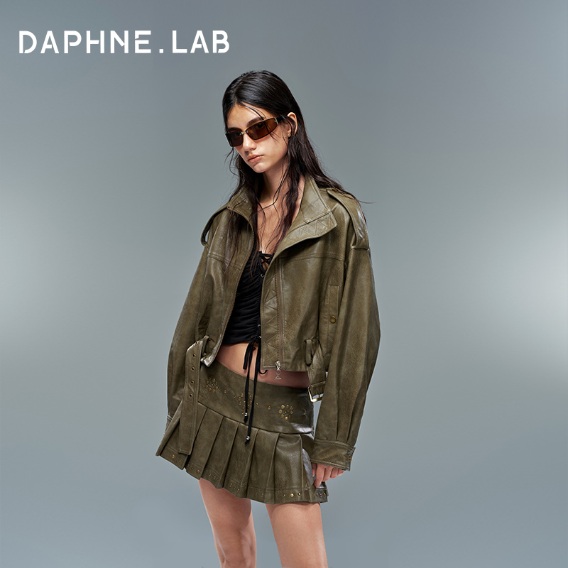 DAPHNE LAB截短式复古皮夹克宽松老钱风短外套