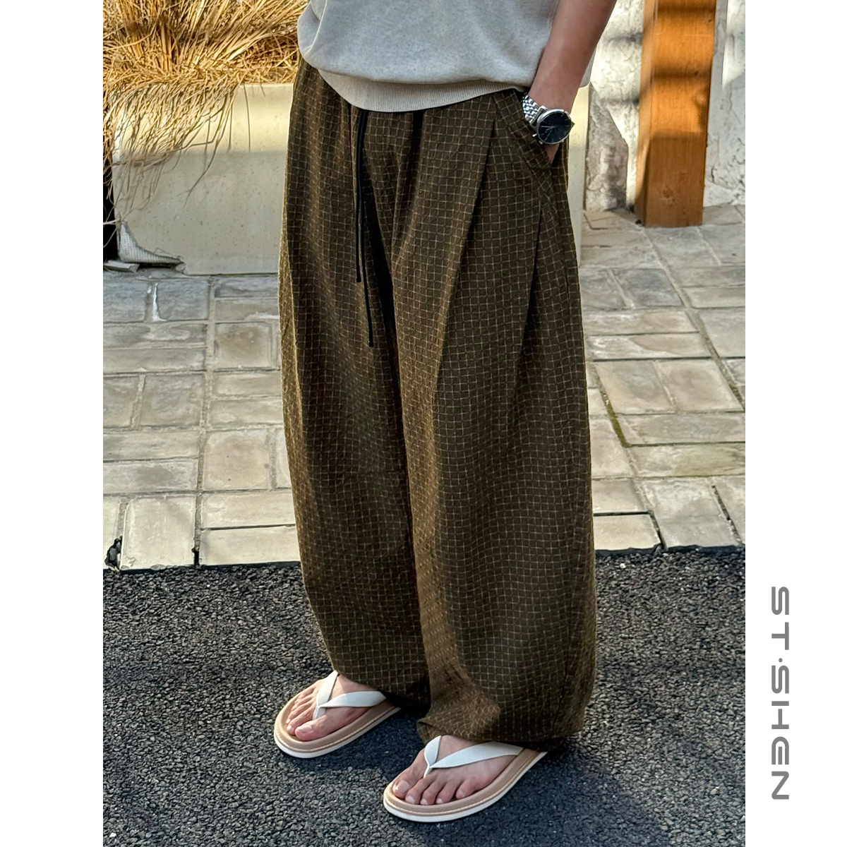 【ST·Shen】早秋老钱风纯棉麻感双褶定制色织格纹小弯刀阔腿裤2176