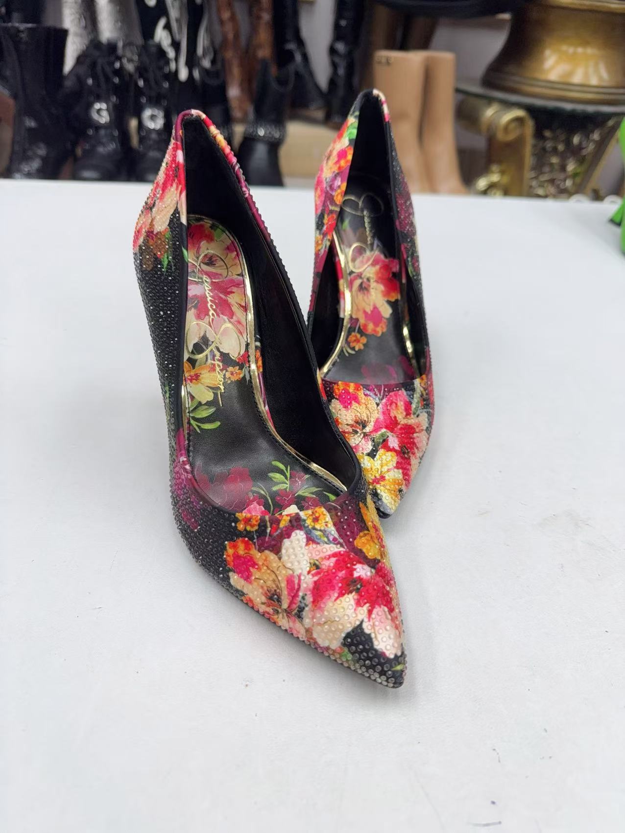 时装单鞋气质时尚性感女士细跟红色尖头浅口细高跟印花水钻单鞋