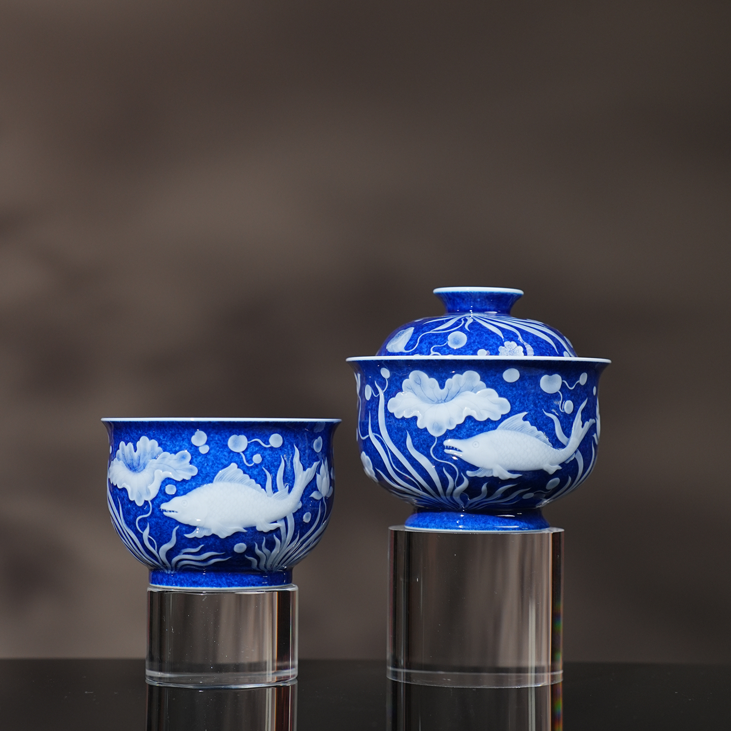 初蓝舍洒蓝堆白鱼藻茶具 景德镇高档手工手绘茶具送礼喝茶茶碗