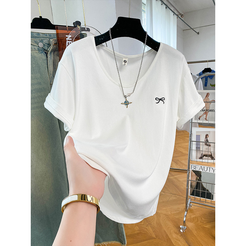 大码女装白色短袖t恤胖mm宽松慵懒风半袖体恤夏季蝴蝶结刺绣上衣