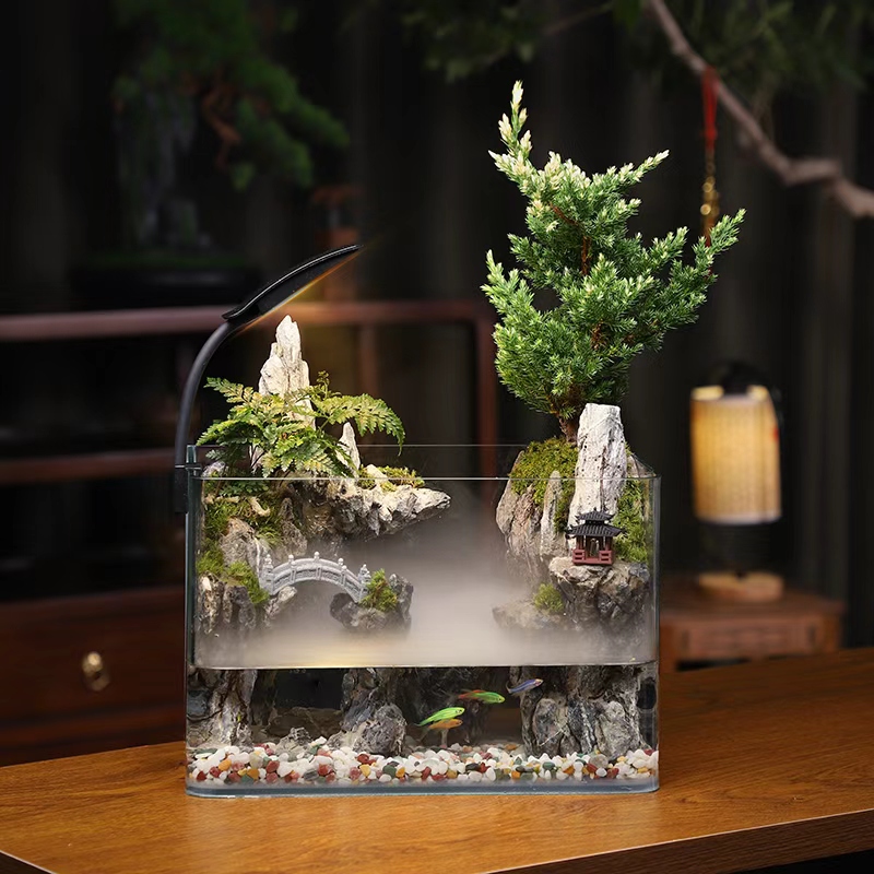 观沧海30室内桌面绿植景观黄金龙柏狼尾蕨组合盆景养鱼流水摆件