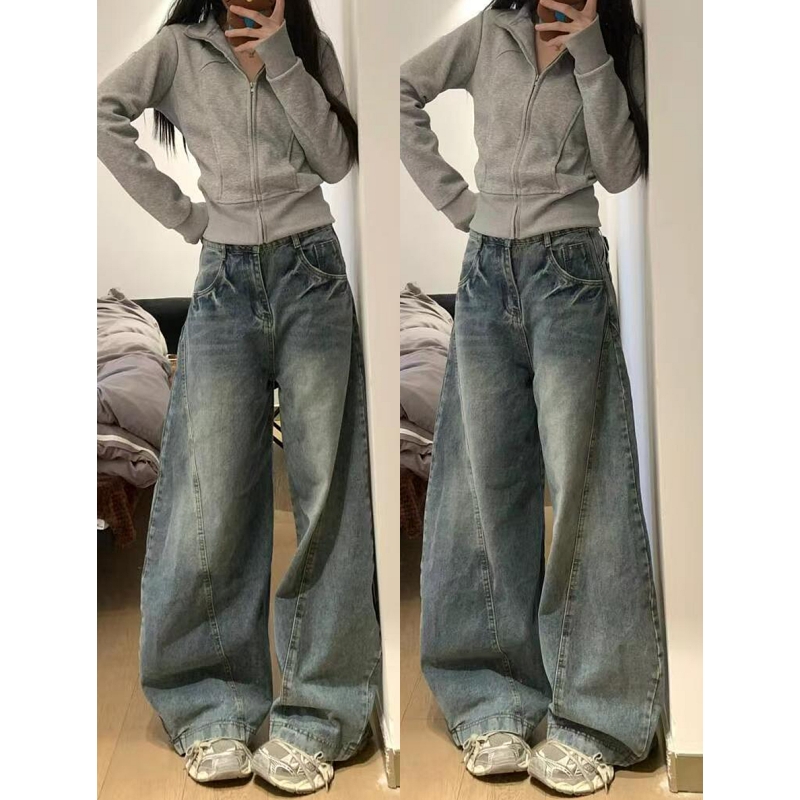 高个子加长美式复古做旧弯刀牛仔裤女设计感显瘦阔腿裤宽松拖地裤