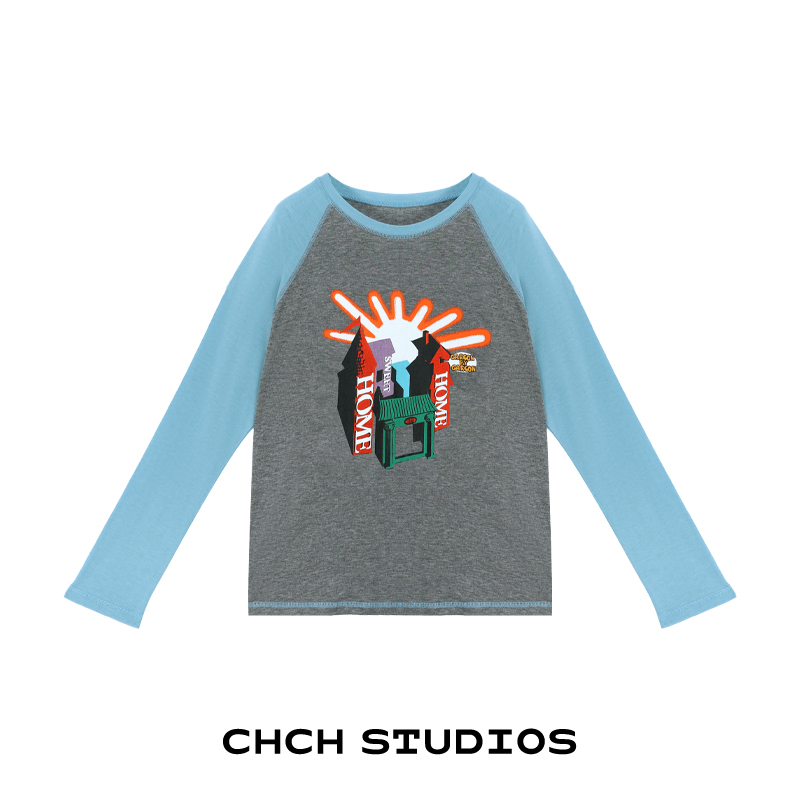 RATX93551秋季新款插肩袖长袖圆领上衣女薄款卡通印花打底衫