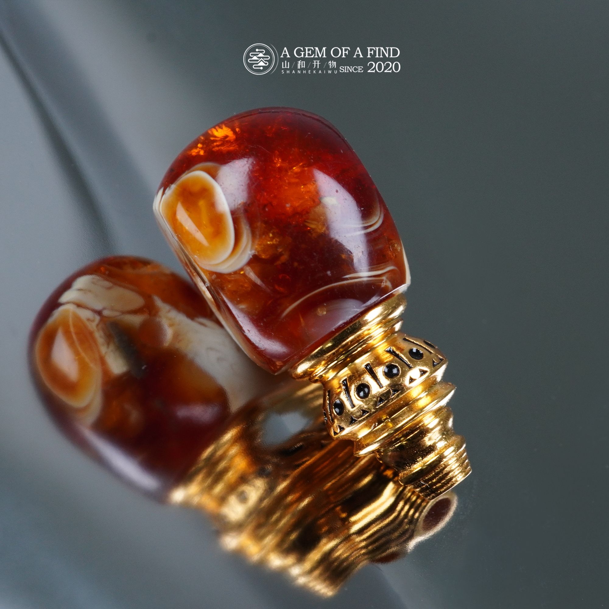 山和开物｜琥珀蜜蜡 9.5mm红沁溶洞金瓷白妖花金塔三通文玩配饰