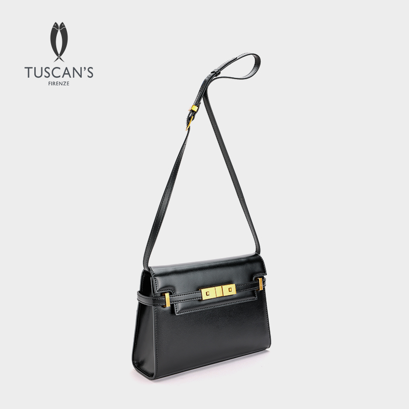 TUSCAN'S气质时尚百搭黑金配色牛皮女士经典复古单肩包斜挎包