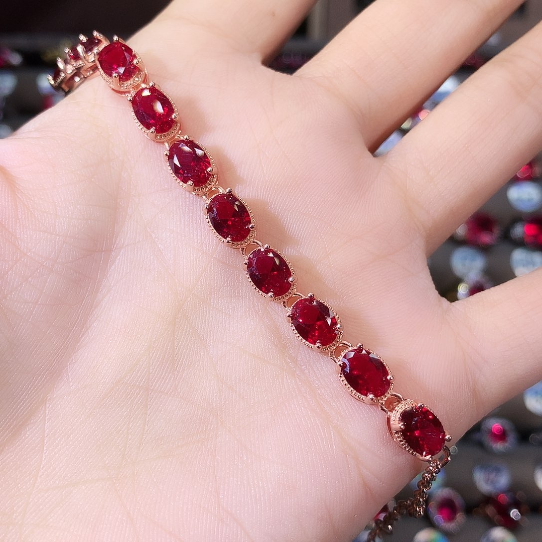 无925银酒红色手链玫瑰金