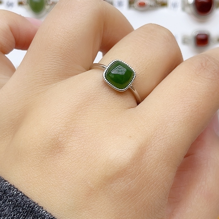 和田玉戒指银S925镶嵌天然