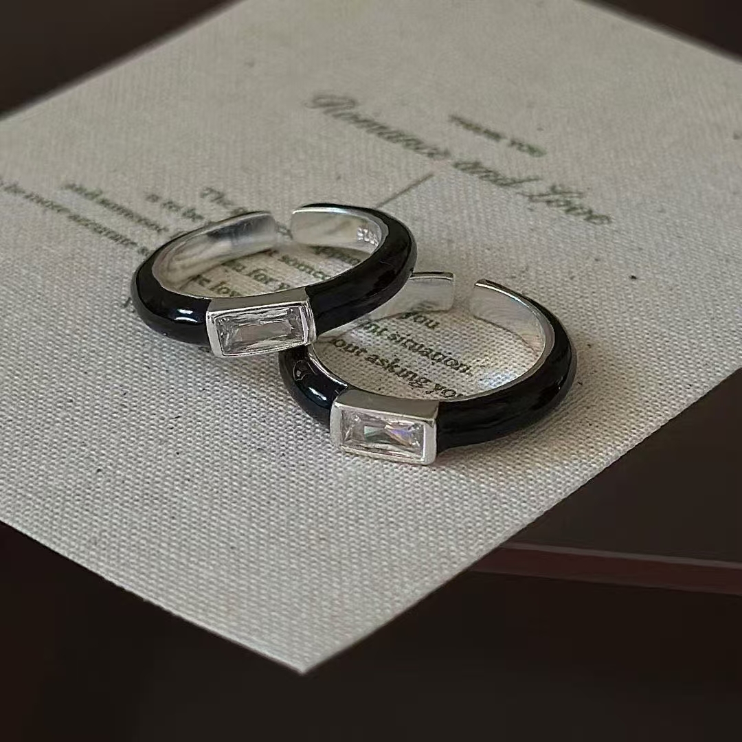 925银合成锆石戒指 日韩时尚百搭黑色滴柚冷淡风镶嵌银戒指13-20#