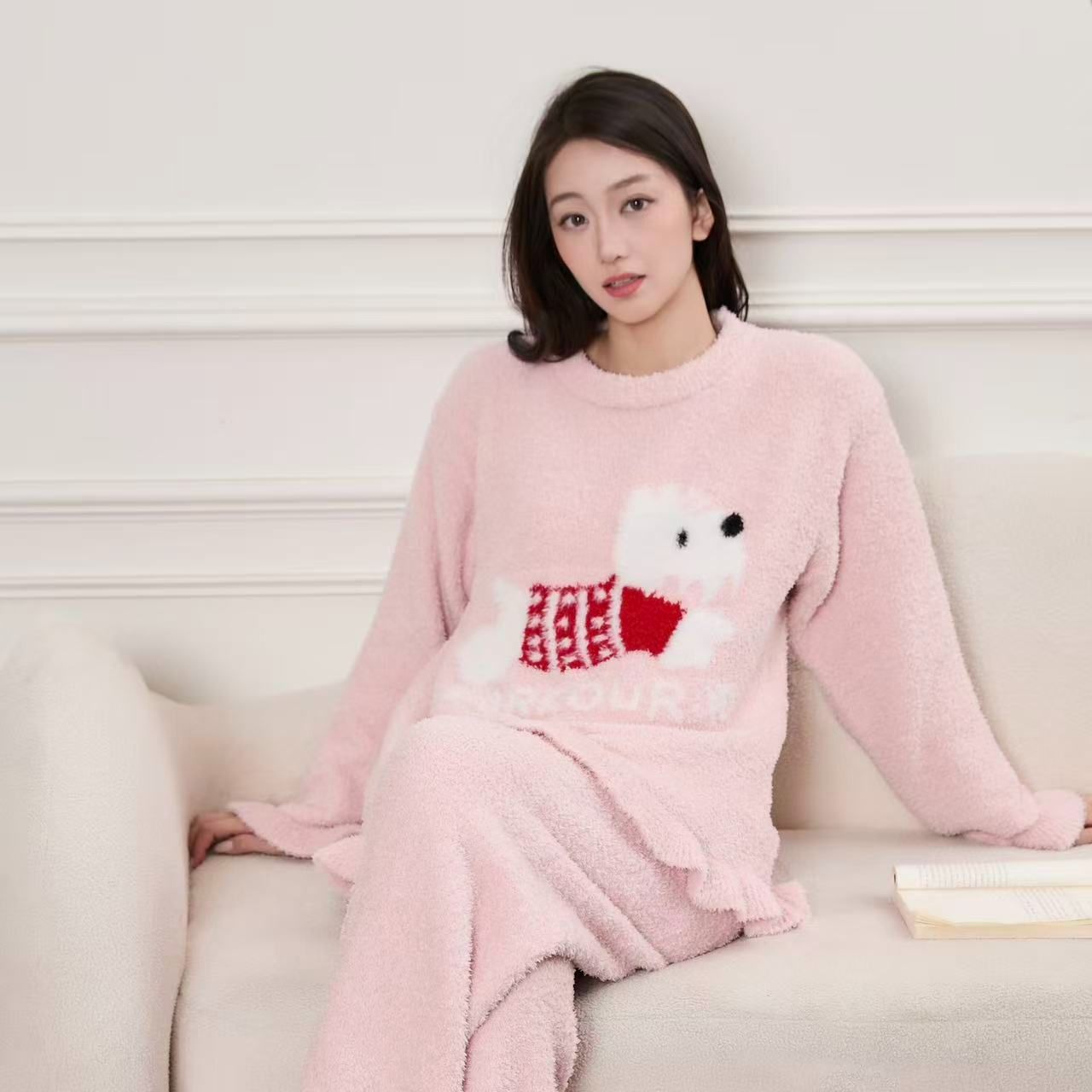 半边绒新款卡通小狗家居服睡衣套装秋冬加厚加绒套头宽松