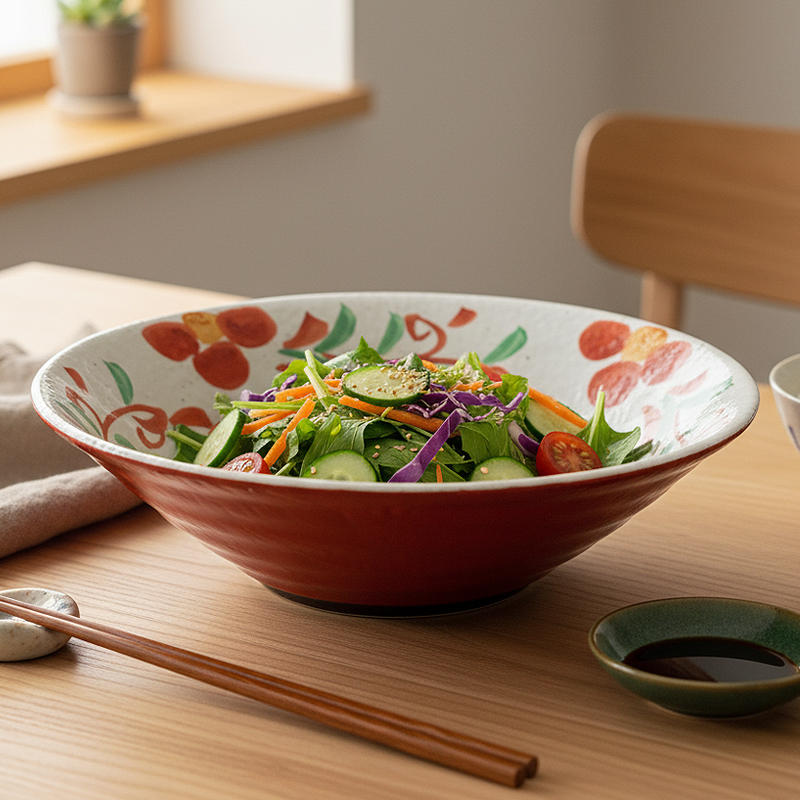 日本进口餐具赤绘斗笠碗复古家用创意陶瓷大号日式大碗手绘大汤碗