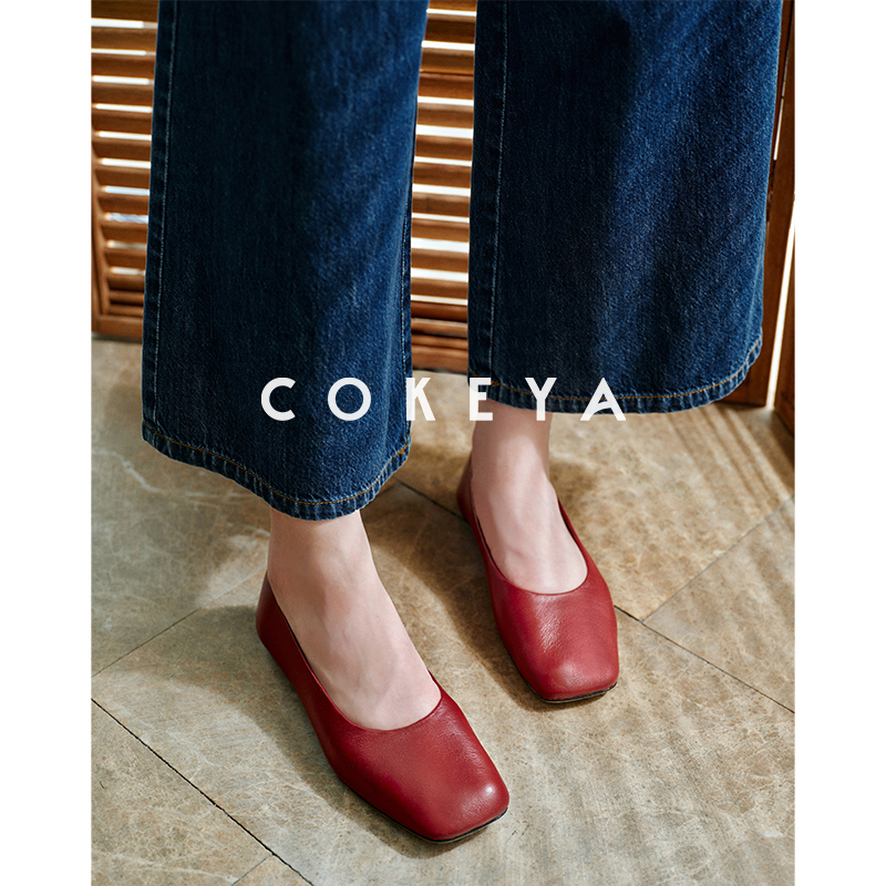 COKEYA/复古“小红鞋”~优质羊皮极简复古浅口方头百搭夏日皮鞋