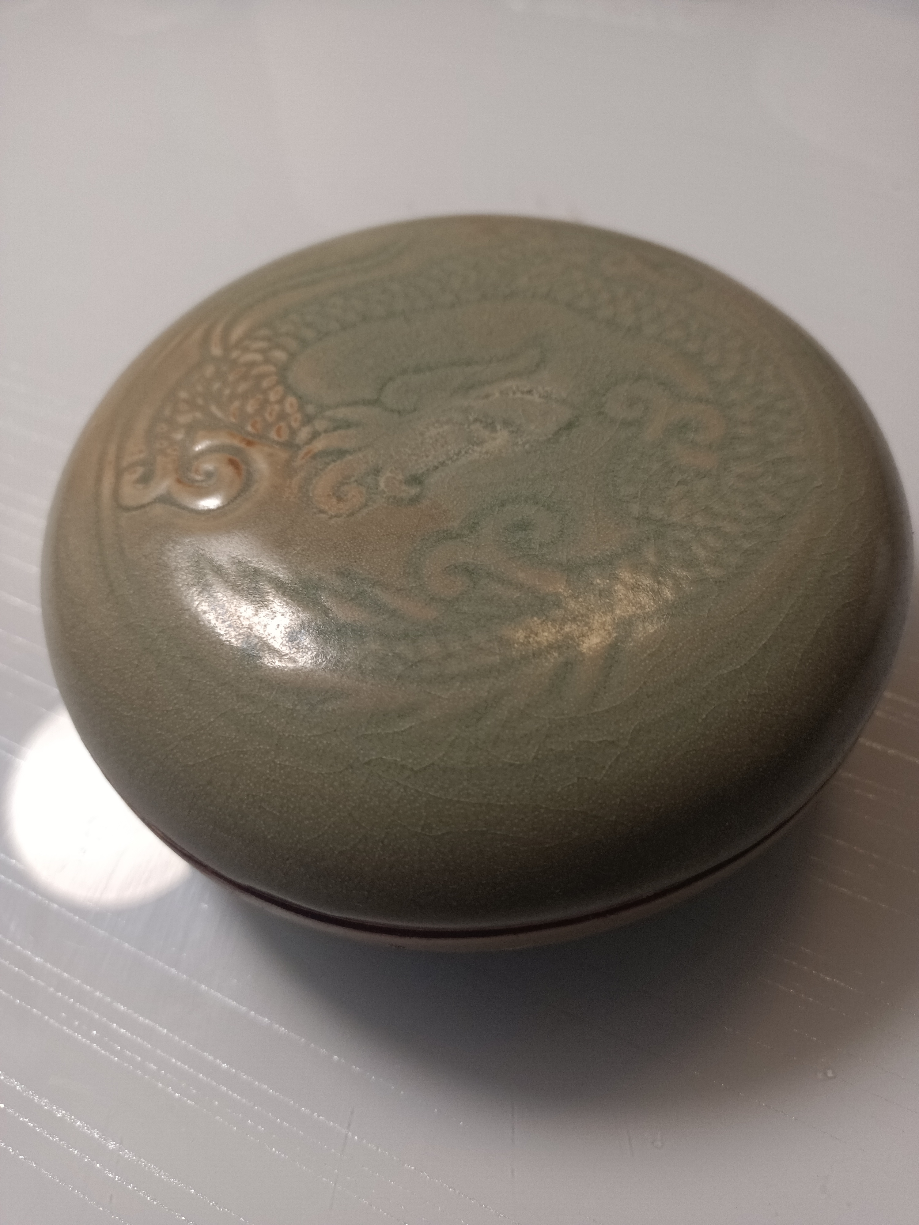 临汝窑瓷，精美粉盒，陶瓷青瓷青釉雕刻浮雕复古