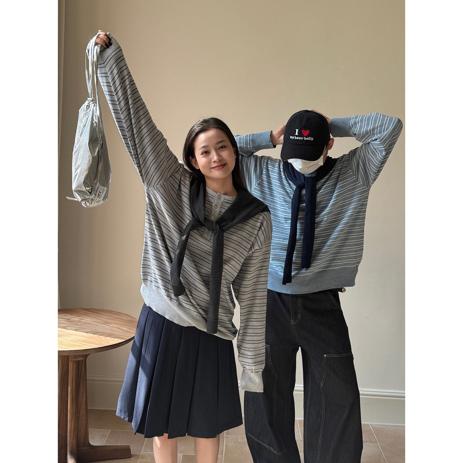 19studio WAYNEPRINCE*可拆卸披肩*学院风条纹针织衫宽松长袖毛衣