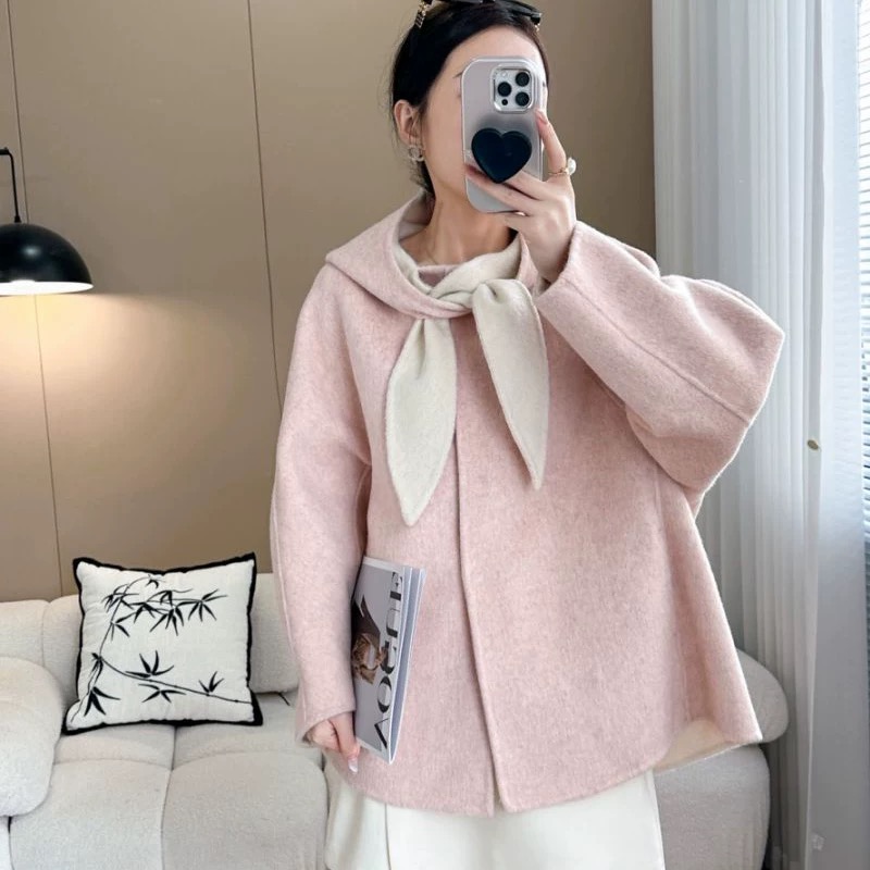 2025新款金灿灿兔耳朵羊毛双面呢大衣外套女斗篷款韩系秋冬中长款