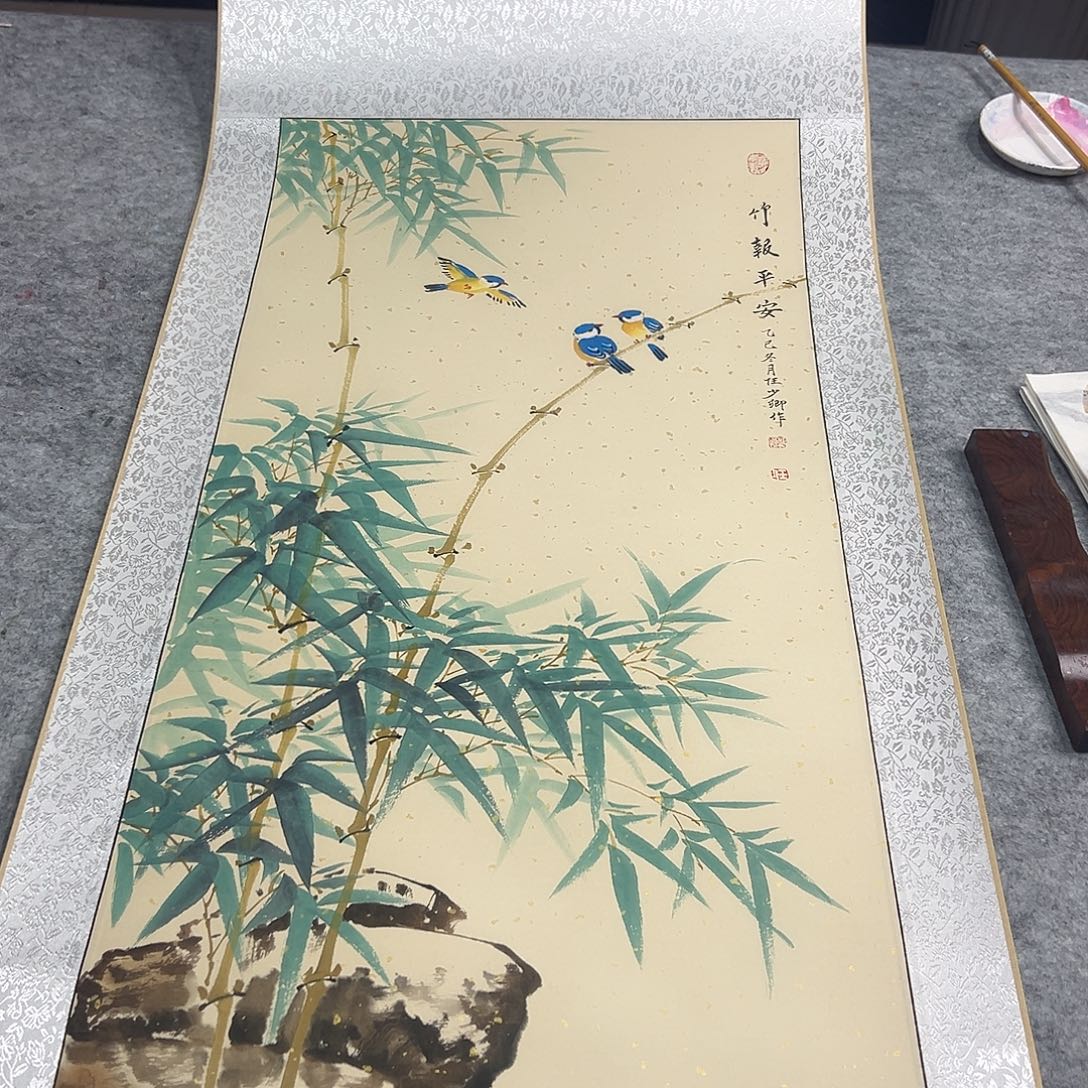 国画任少卿竹报平安图