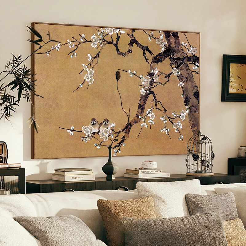 复古艺术感挂画宋式美学山水中式古风客厅玄关走廊装饰画梅花双雀