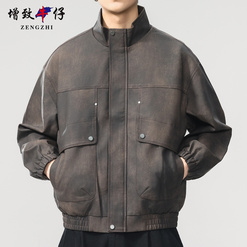 增致牛仔皮衣美式复古宽松男士皮夹克帅气休闲百搭工装秋冬机车潮